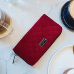 Czerwony portfel damski welur, zamsz