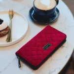 Czerwony portfel damski welur, zamsz